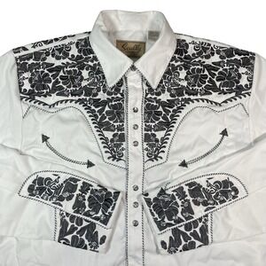 Scully Gunfighter White Black Embroidered‎ Mens M Pearl Snap Western Shirt Rodeo